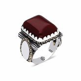 Silver Zircon Burgundy Agate Stone Square Men's Ring